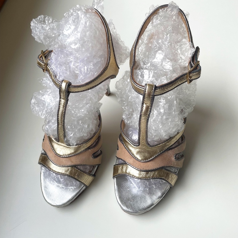 DVF Diane Von Furnstenberg Silver&Gold Leather Strappy Stiletto Heels 81/2 M